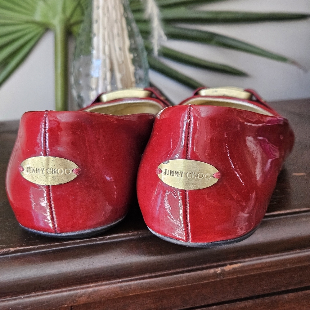 Jimmy Choo Glossy Patent Leather Red Flats with Gold Accents - Size 38.5 - Picture 12 of 15